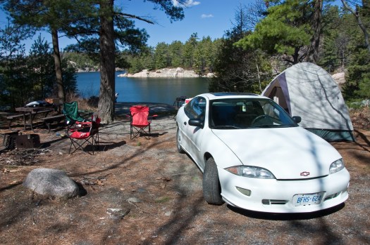 The old, leaky, Escort 5 man tent. At the best site in the Killarney Camground. Spring 2010.