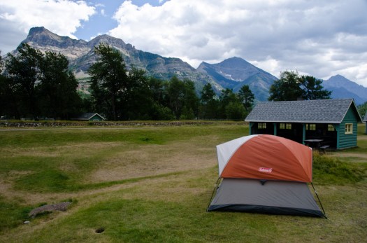 Enjoying the mountain views with my tent in Waterton, AB.